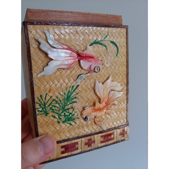 Chinese Shantou reed straw overlay tea caddy with goldfish motif from carved - Picture 2 of 10
